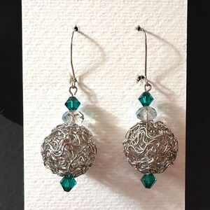 Handmade Silver Wire Mesh Sphere Drop Earrings Green Stephanie Aune Artist